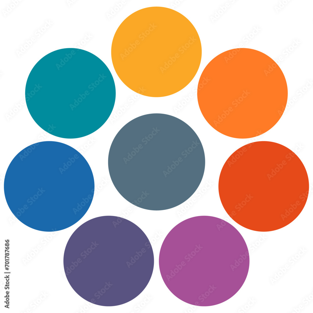 Infographic diagram with seven circles elements, instances in circular radial shape. Vector illustration. Infographic diagram with seven circles elements, instances in circular radial shape. Vector illustration.