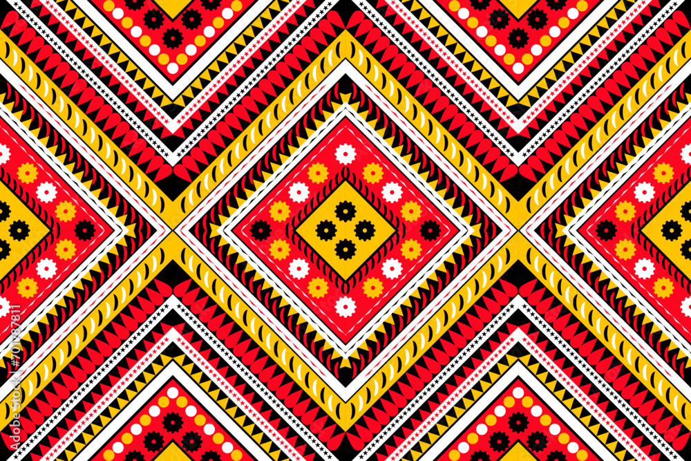 Seamless american Pattern, tribal Fabric and Carpet Ethnic Tile Repetition Abstract 
Square Triangle Red Yellow White Black mexico pattern
design for Textile Print Wallpaper 