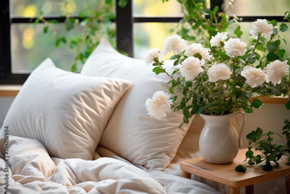 Cozy bedroom in rustic style with ethnic decor with a large window. A bed with pillows and handmade textiles and white flowers in a vase on the bedside table