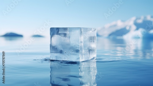  an ice block floating on top of a body of water with icebergs in the sky in the background.