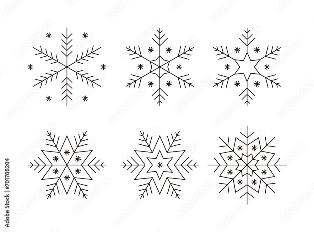 Set of snowflake line icons for winter season. Design elements symbolizing snow, snowflakes, ice, crystals, winter, frost, cold weather and Christmas. Set of snowflake line icons for winter season. Design elements symbolizing snow, snowflakes, ice, crystals, winter, frost, cold weather and Christmas.