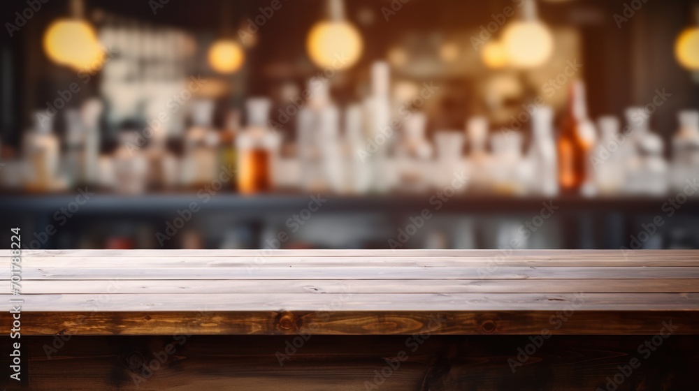  a wooden table top in front of a bar with bottles of alcohol on the wall and a blurry background.