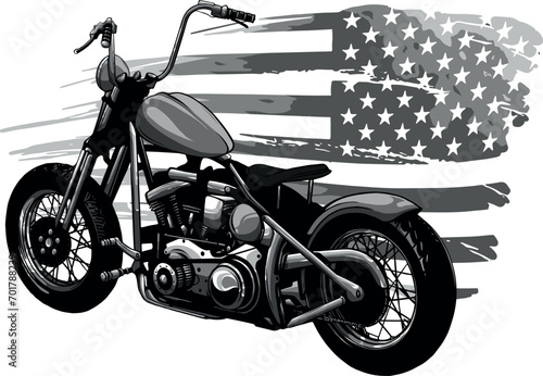 monochromatic illustration of chopper motorcycle with american flag