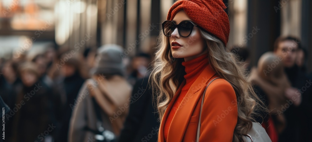 Stylish woman in orange winter attire on busy city street. Urban fashion and style. Banner.