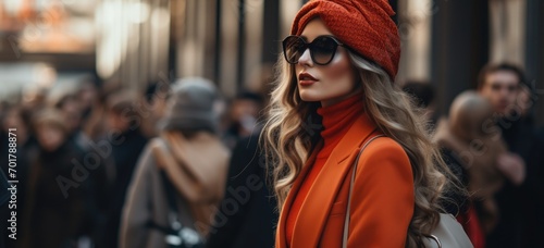 Stylish woman in orange winter attire on busy city street. Urban fashion and style. Banner. © Postproduction