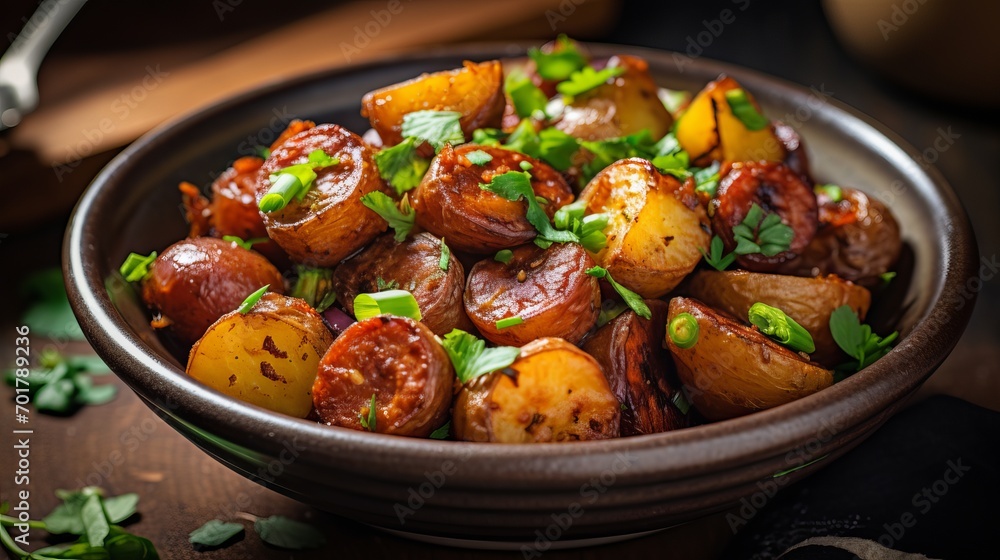 A homemade sausage that has been grilled with young potatoes and green onions A homemade sausage that has been grilled with young potatoes and green onions