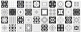 Collection of monochrome seamless geometric mosaic patterns - vintage tile black, white and gray textures. Decorative ornamental abstract backgrounds. Vector repeatable tileable prints