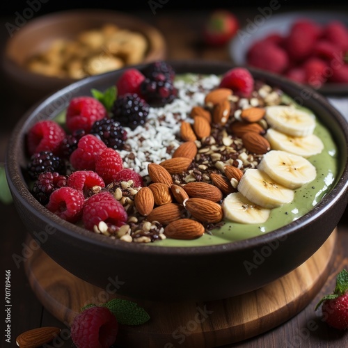Photo of a healthy green smoothie bowl with toppings. Generative AI