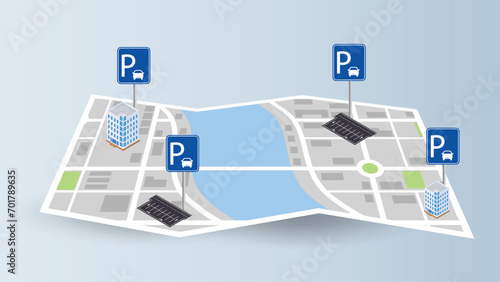flat background of location route map fold page with parking sign spot