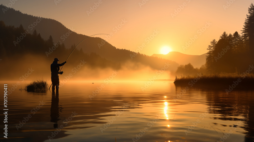 Sunrise Fishing: Silhouetted Man with Rod and Reflection