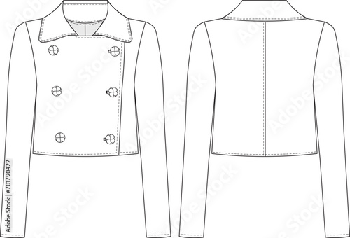 buttoned long sleeve short pea coat swing coat jacket template technical drawing flat sketch cad mockup fashion woman design style model