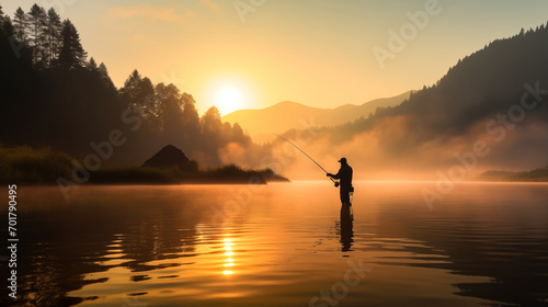 Morning Catch: Tranquil Silhouette of a Fisherman at Sunrise
