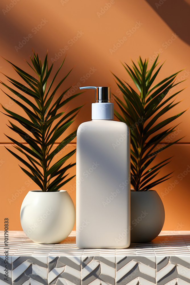 Glass jar with a dispenser for cosmetics and green branches in white ceramic pots on an orange background with shadows from light Glass jar with a dispenser for cosmetics and green branches in white ceramic pots on an orange background with shadows from light
