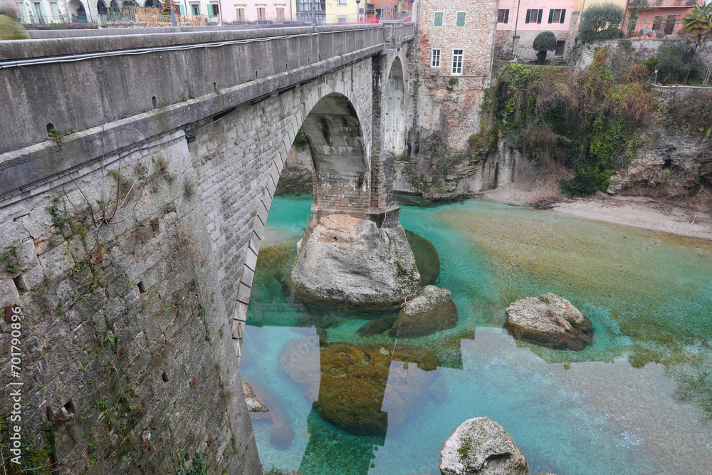 Natisone River and the OLD bridge called PONTE DEL DIAVOLO which means  BRIDGE OF DEVIL on town of CIVIDALE  in northern Italy
