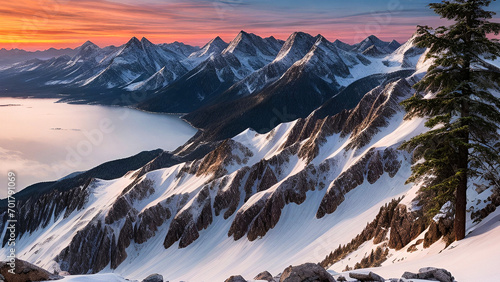snow covered mountains in winter with sunset sky Landscape Ai Generated. © spidygraphics
