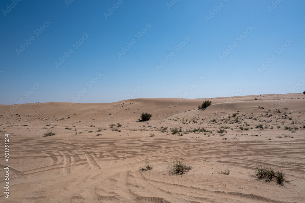 Al Qudra empty quarter seamless desert sahara in Dubai UAE middle east with wind paths and sand dunes hills under gray cloudy sky 