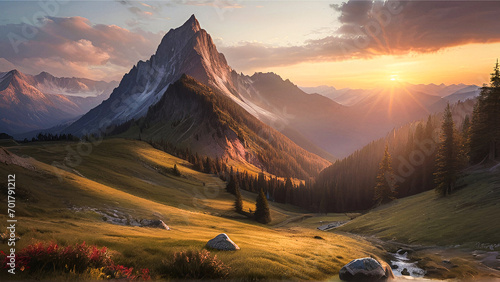 Mountains view during sunset. Beautiful natural landscape in the summer time.