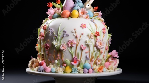  a cake decorated with flowers and bunnies on a white cake plate on a black surface with a black background.