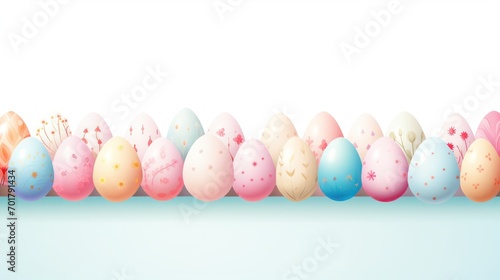  a row of pastel colored easter eggs on a blue background with a white space in the middle of the row.