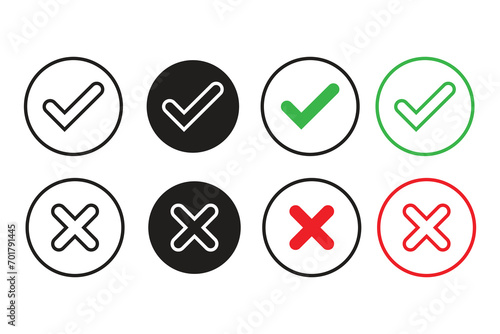 approved and reject icons, accept and not accept, check and cross. isolated white background color. vector illustration photo