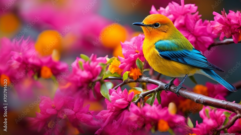 A bird is perched on colorful flowers