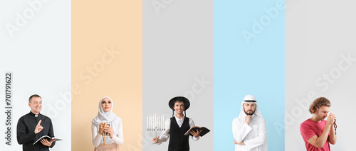 Set of representatives of different religions on color background photo
