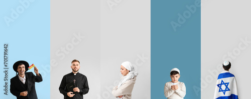 Representatives of different religions on color background photo