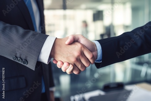 Business people shaking hands finishing up a meeting. Handshake concept, Business people shaking hands against a cityscape, AI Generated