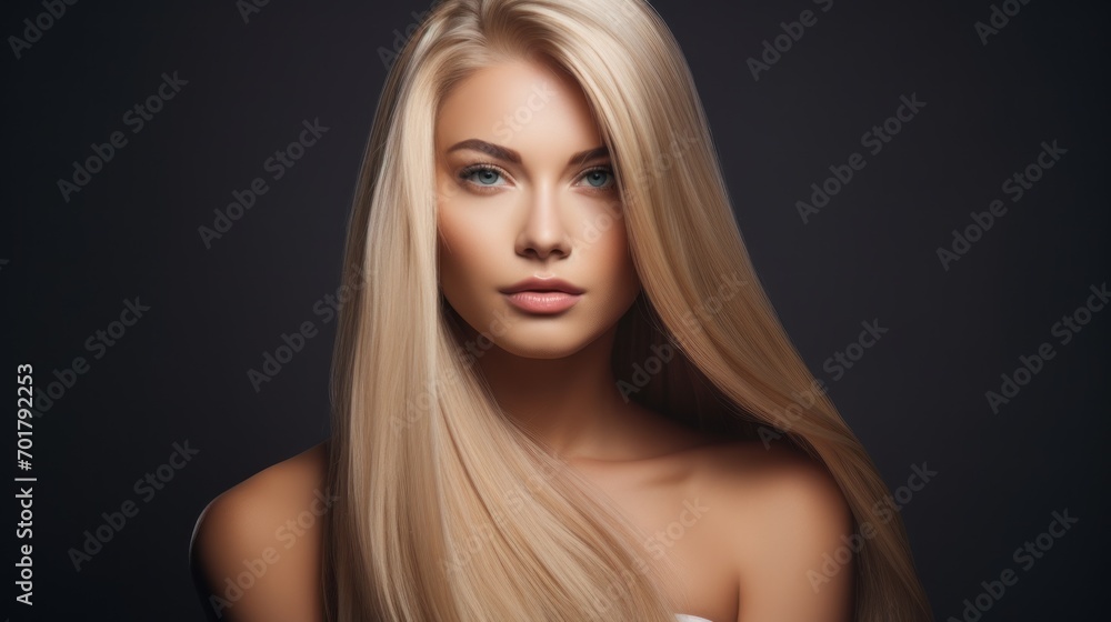 Pretty woman in medium blonde and straight upholstered hair Pretty woman in medium blonde and straight upholstered hair
