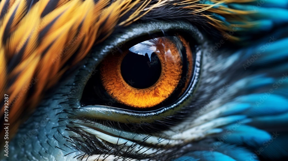 A detailed view of an animal's beak and eye that is covered in feathers. - obrazy, fototapety, plakaty 