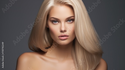 Pretty woman in medium blonde and straight upholstered hair