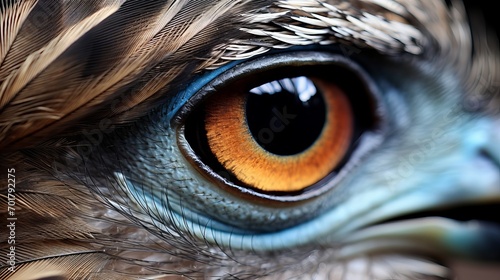 Photo A detailed view of an animal's beak and eye that is covered in feathers