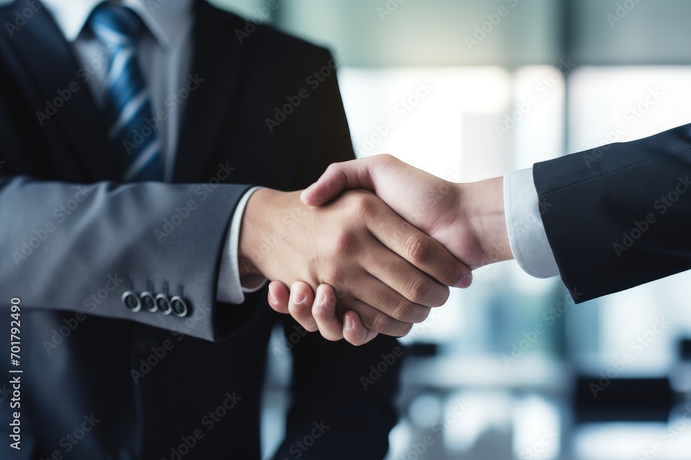 Close up of businesspeople shaking hands in office. Business concept, businessman shaking hands with his partner after signing, AI Generated Close up of businesspeople shaking hands in office. Business concept, businessman shaking hands with his partner after signing, AI Generated