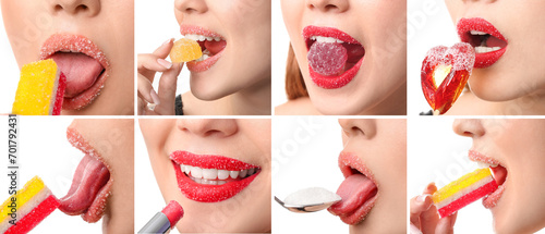 Collage of beautiful young woman with sugar lips and sweets on white background, closeup