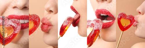 Collage of beautiful young woman with red sugar lips and lollipops, closeup photo