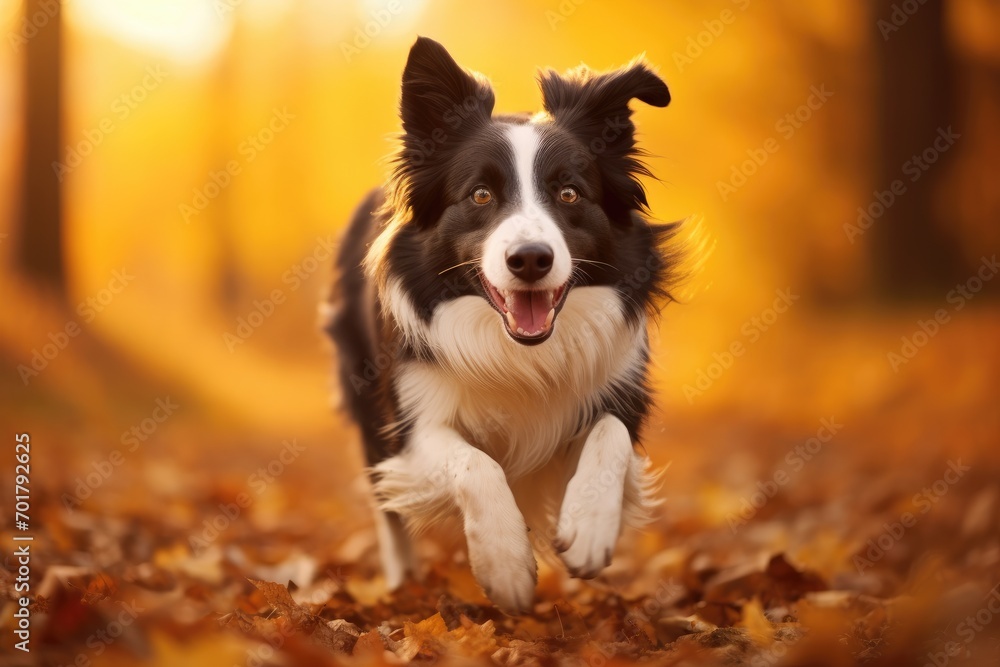 Border collie dog running in autumn forest. Image with shallow depth of field, Border collie dog running in the autumn meadow, Pet animals enjoying the outdoors, AI Generated
