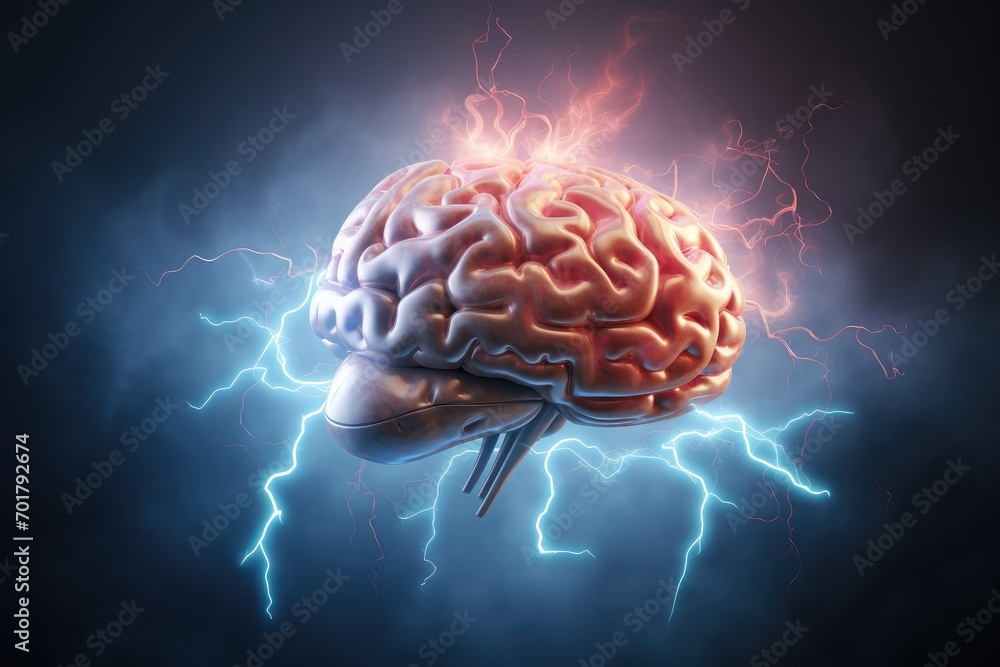 Fototapeta premium Human brain with thunderbolt on dark background. 3D illustration, Brainstorming concept illustrated with a 3D rendering of a human brain accompanied by lightning, AI Generated