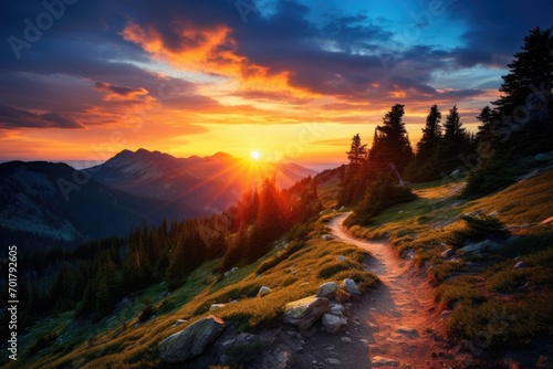 Sunset in the mountains. Sunrise in the Carpathian Mountains, Beautiful sunset in the mountains at the top of a hike, and in the valley, AI Generated