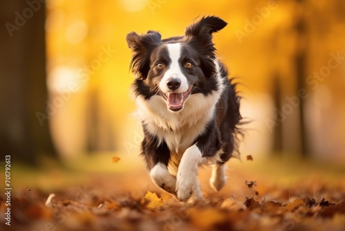 Border Collie dog running in autumn park. Fall season concept, Border collie dog running in the autumn meadow, Pet animals enjoying the outdoors, AI Generated