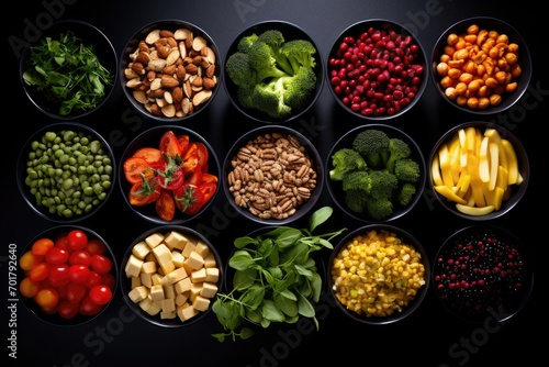 Healthy eating concept. Vegetables, fruits and superfoods on black background, Bowls of healthy food arranged on a black background, emphasizing a healthy eating concept, AI Generated
