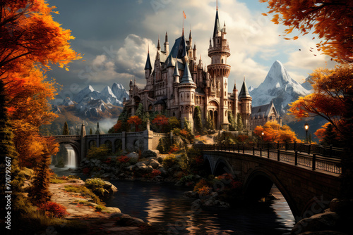Fairytale castle among the mountains along the river © Sunshine