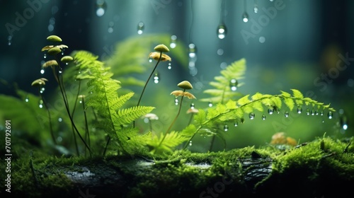 Ferns in the woods, raindrops