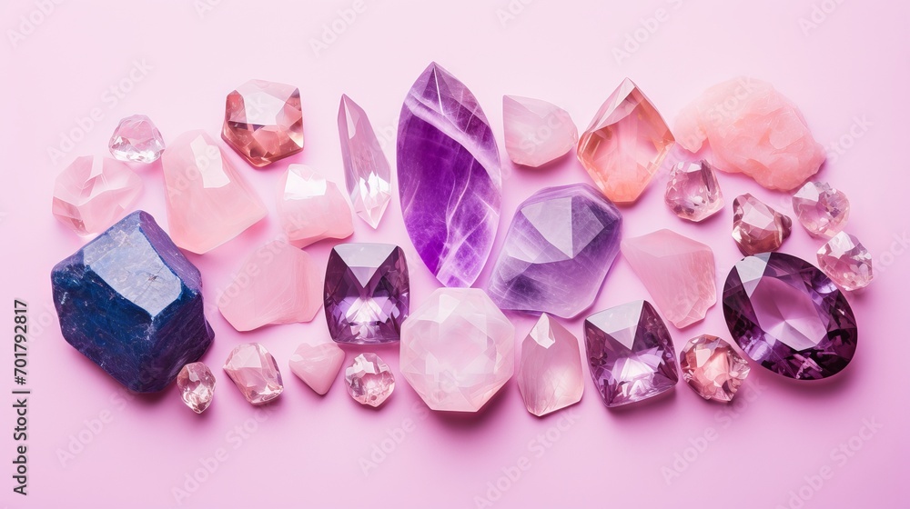A pink background features dazzling gemstones, including amethysts and rose quartz, which are large crystals of semiprecious stones. A pink background features dazzling gemstones, including amethysts and rose quartz, which are large crystals of semiprecious stones.