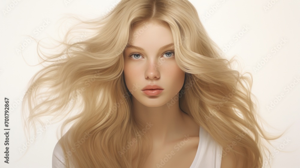 Obraz premium Realistic picture: imperfect woman in medium blonde and upholstered hair, white background