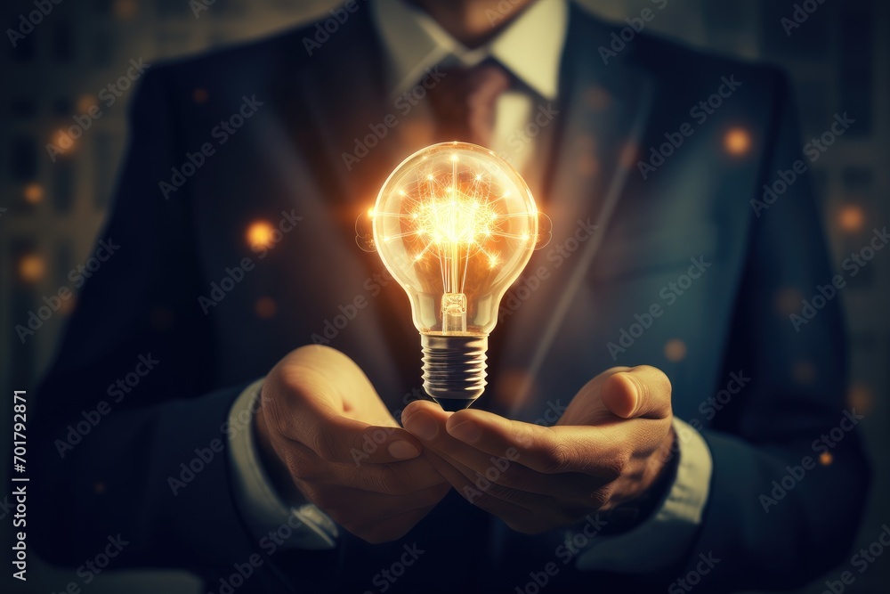 Businessman holding a glowing light bulb in his hand. Idea and ...