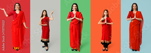 Set of beautiful Indian woman and teenage girl on color background