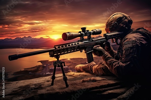 Soldier with a sniper rifle on the background of the setting sun, AI Generated