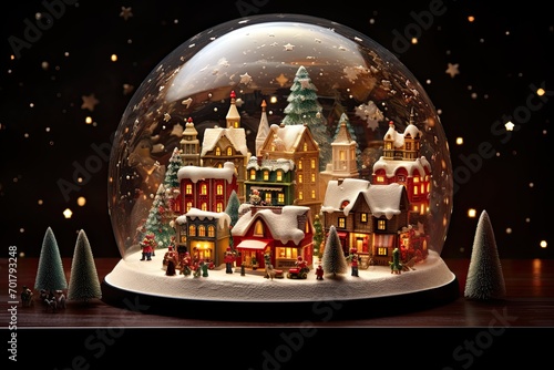 Snow globe with miniature houses and Santa Claus. Christmas and New Year concept, AI Generated