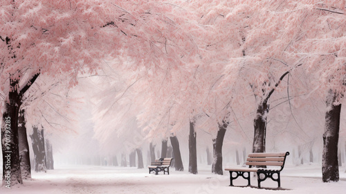 pink trees woth snow falling and bench behind © Muzamil