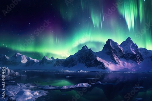 Aurora borealis, northern lights over lake in winter night, AI Generated